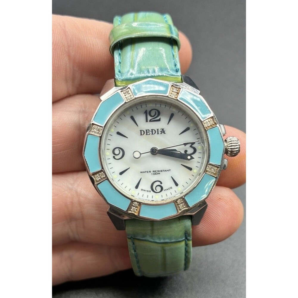 Dedia Lily L 16 Diamond Bezel Womans MOP Dial Swiss Made Blue Leather Band Watch